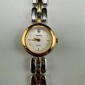 Gruen Watch Women Silver Gold Two Tone 20MM Round Dial New Battery 6.25"